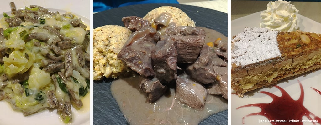 Piatti tipici di Livigno: pizzoccheri, carne con polenta, torta