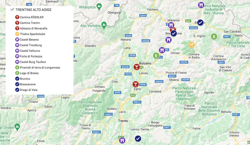 Mappa del tour di 4 giorni in Trentino Alto Adige